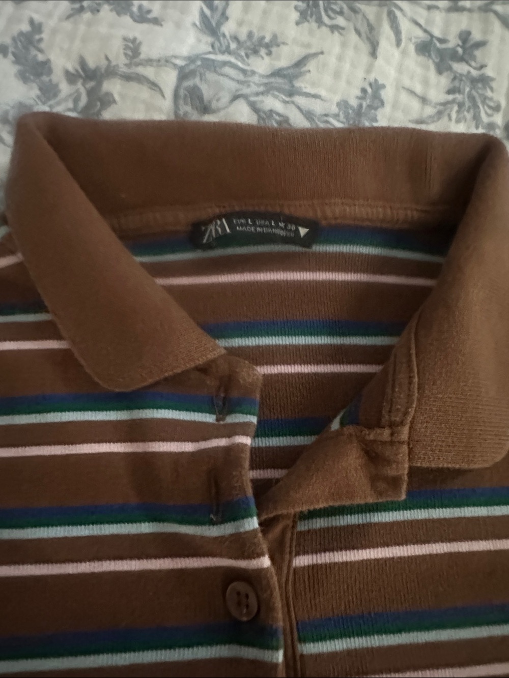 Zara Brown Striped Polo with Teal and Pink Accents - Picture 2 of 2